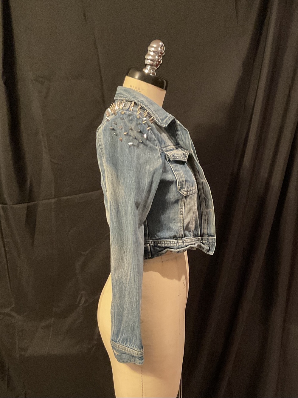 Studded Light Wash Denim Crop Jacket - Blue - Picture 2 of 5